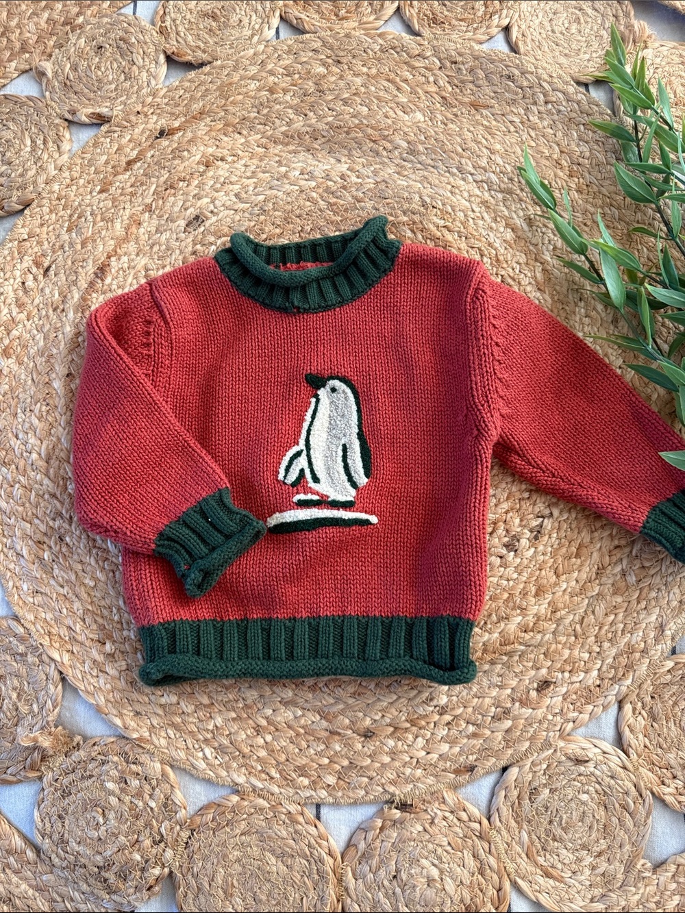 Woolrich Red Knit Sweater Rolled Collar Green Trim and Penguin Motif. Size 12 mo